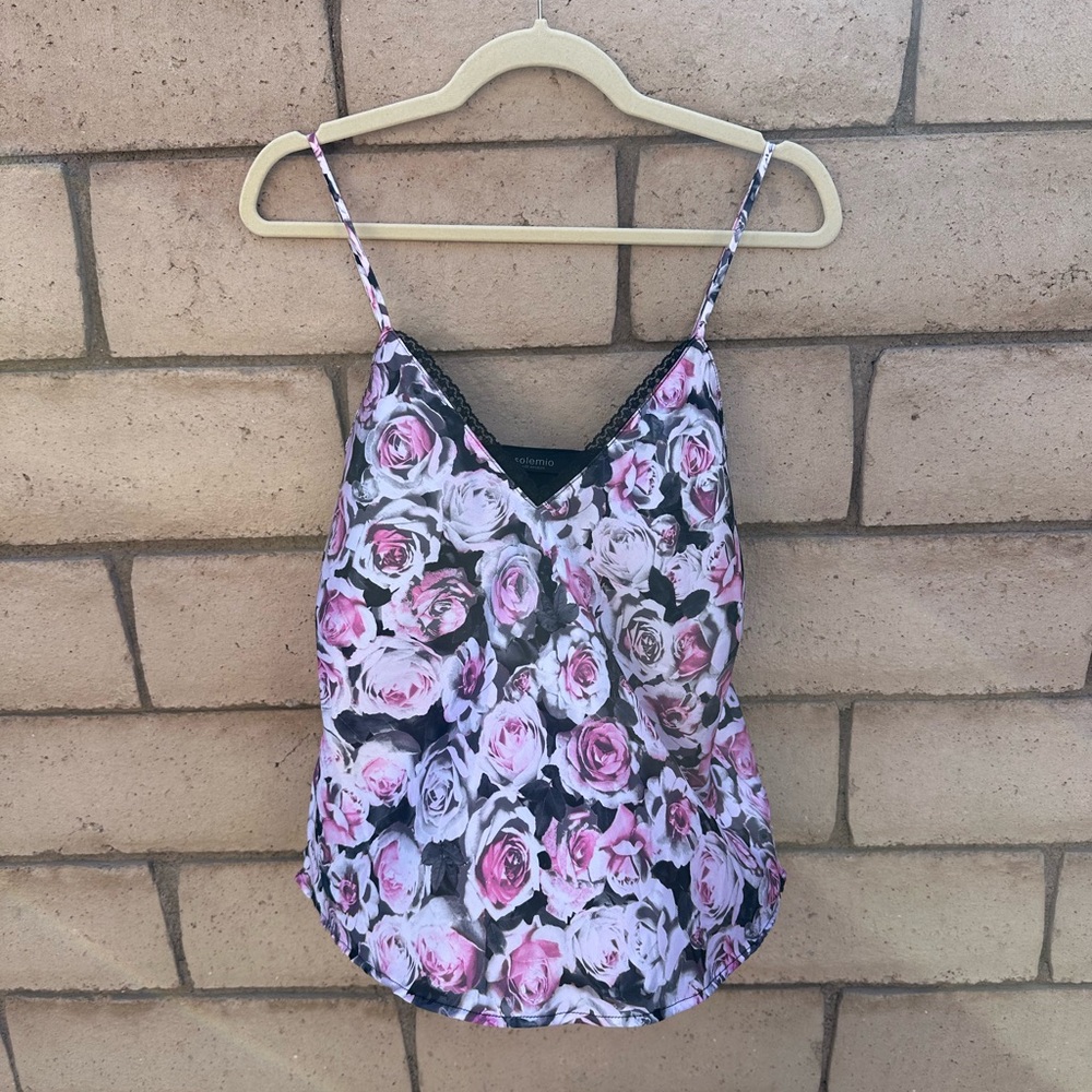 Solemio Black and Pink Lace Trim Top